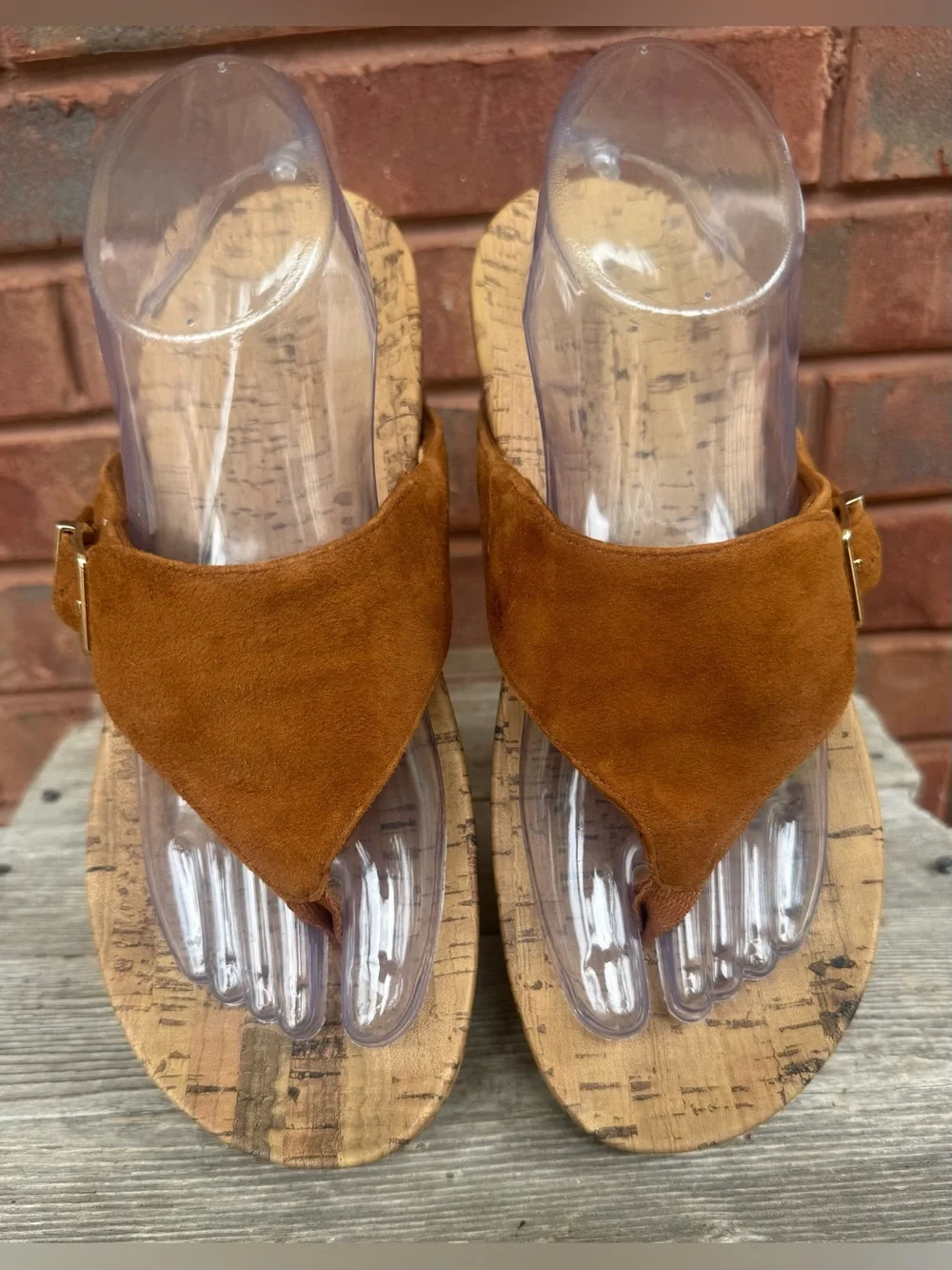 Vionic Marbella Brown Tan Suede Cork Wedge Platform Thong Sandals Women’s Sz 9